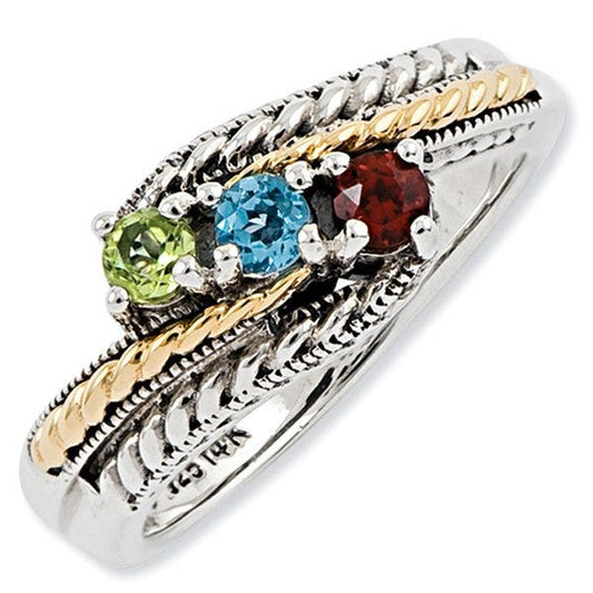 Sterling Silver & 14k Three-stone  Antiqued Mother's Ring