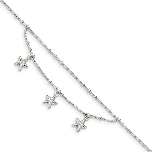 Sterling Silver Polished 2-Strand Starfish Anklet w/ 1 Inch Ext.