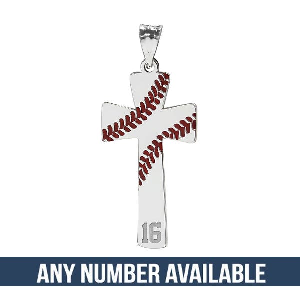 Baseball Stitch Enameled Cross Pendant w/ Number Includes 18 Inch Chain