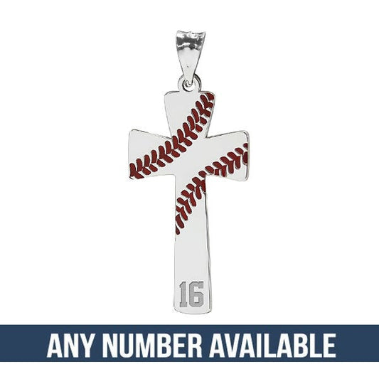 Baseball Stitch Enameled Cross Pendant w/ Number Includes 18 Inch Chain