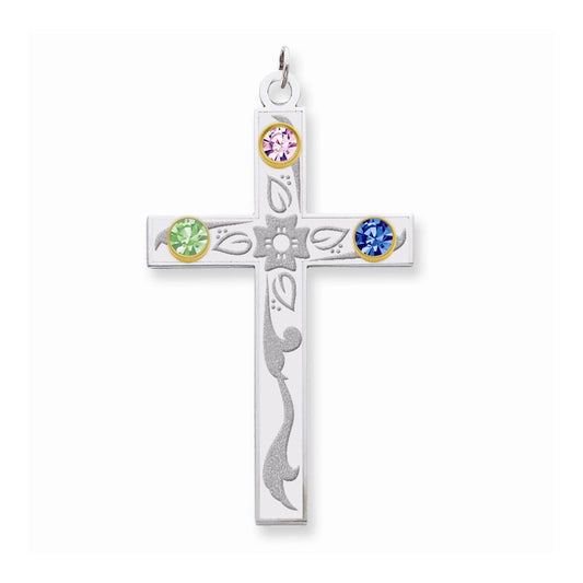 Sterling Silver/14k Bezel Crystal Family Cross Pendant