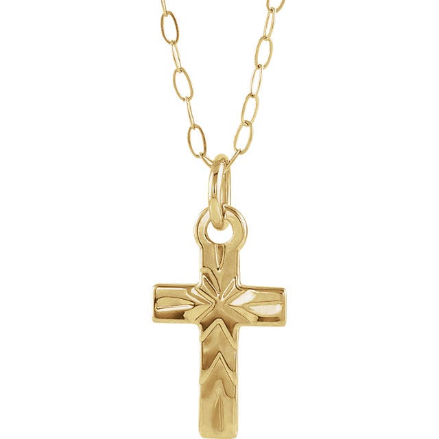 14k Yellow Gold Diamond Cut Children's Cross Pendant w/ 15" Chain Included