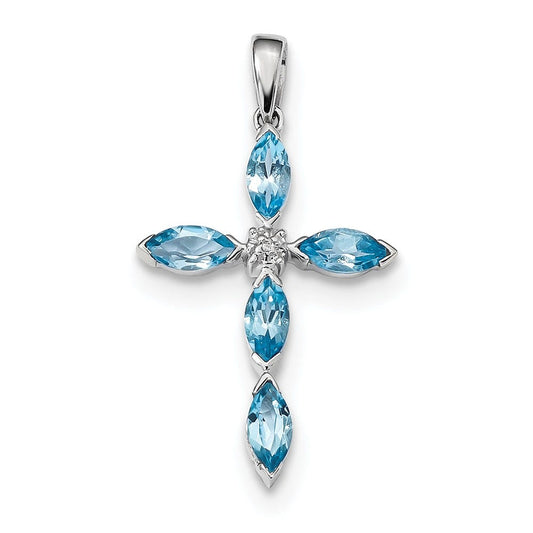 Sterling Silver Rhodium Lt Sw Blue Topaz Cross & Diamond Pendant