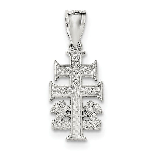 Sterling Silver Polished Caravaca Double Cross w/Angels Crucifix Pendant