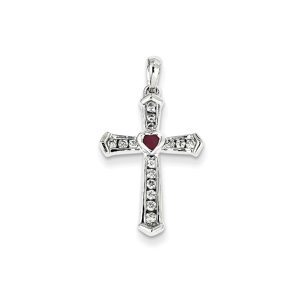 14k White Gold Ruby & Diamond Cross Pendant