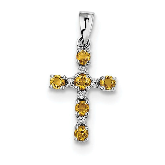 Sterling Silver Rhodium Citrine & Diamond Cross Pendant