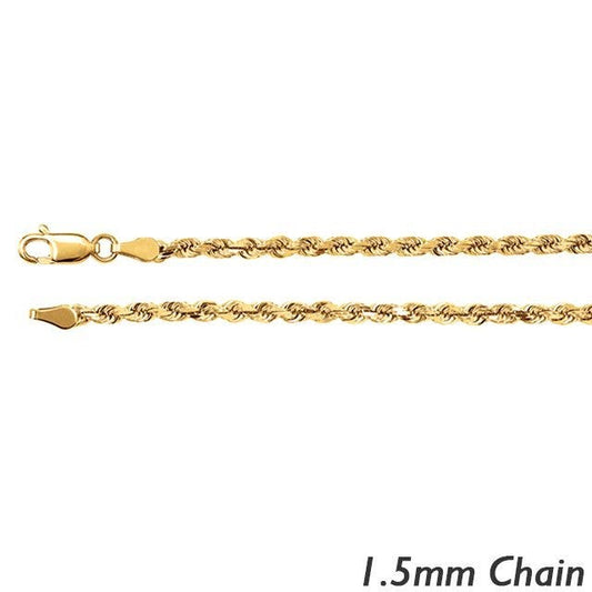 14K Yellow Gold 1.5mm Diamond Cut Round Rope Chain
