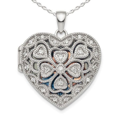 Sterling Silver Pierced Heart Photo Locket with Cubic Zirconia
