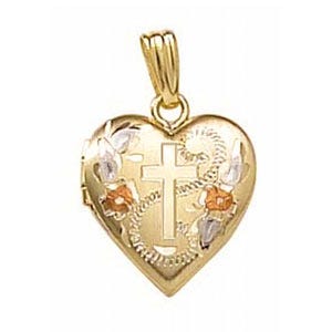 Solid 14K Yellow Gold Small Cross Heart Photo Locket