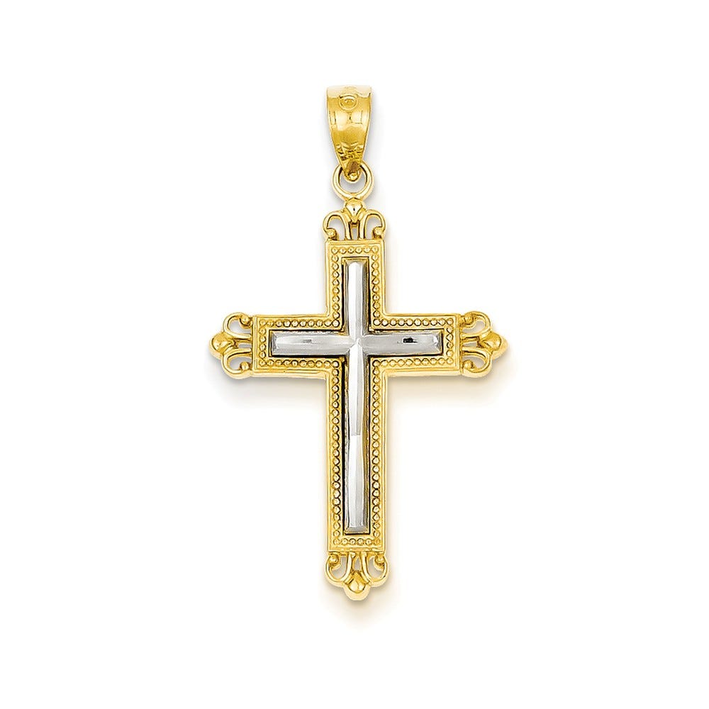 14k & Rhodium Diamond Cut Cross Pendant