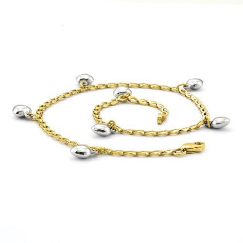 14k Two-Tone Polished White Puffed Hearts Anklet