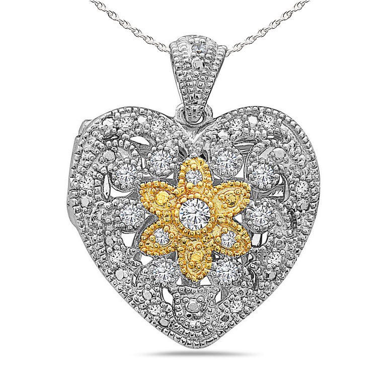 Sterling Silver Two Tone Cubic Zirconia Heart Photo Locket
