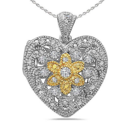 Sterling Silver Two Tone Cubic Zirconia Heart Photo Locket