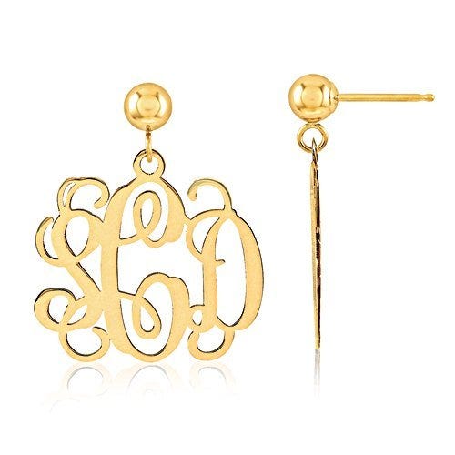 14K Yellow Gold Outlined Monogram Vine Script Post Dangle Earrings