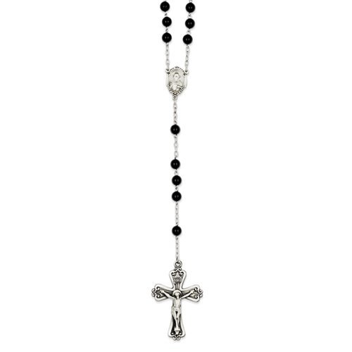 Sterling Silver Black Onyx Rosary Necklace /with Sacred Heart of Jesus