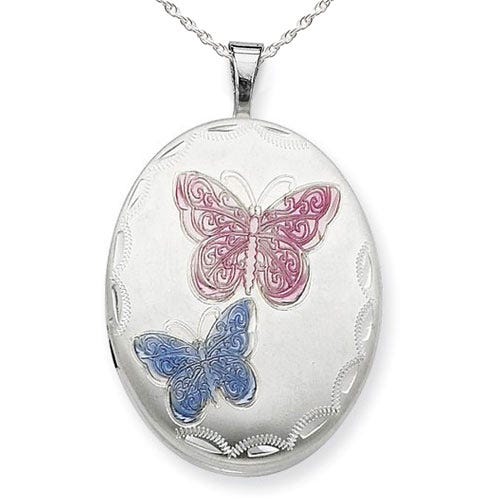 Sterling Silver Enameled Butterfly Oval Photo Locket