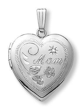 14k White Gold Mom Heart Photo Locket with Diamond