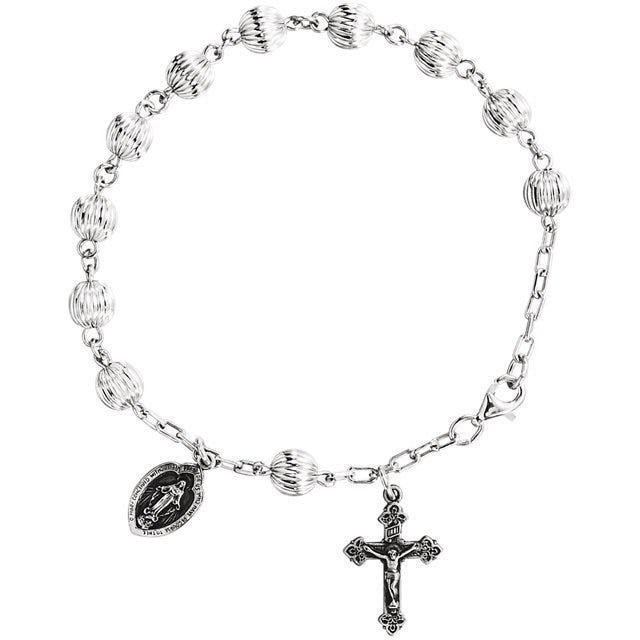 Sterling Silver Rosary Bead Bracelet w/ Miraculous Charm