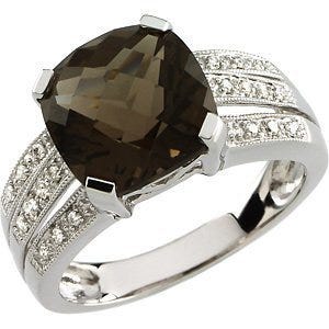 Genuine Smoky Quartz and Diamond Split-Shank Ring