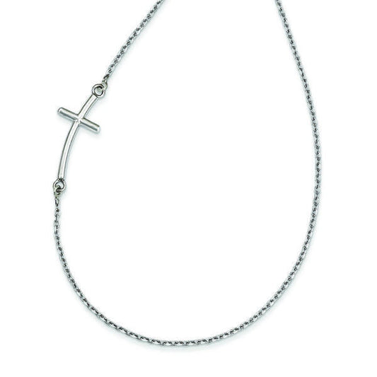 14k White Gold Large Sideways Offset Curved Cross Necklace