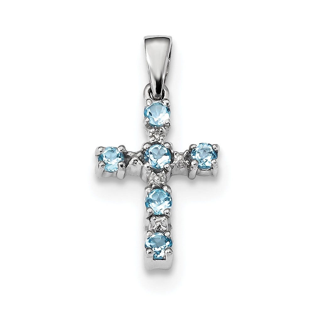 Sterling Silver Rhodium Lt Sw Blue Topaz Cross & Diamond Pendant