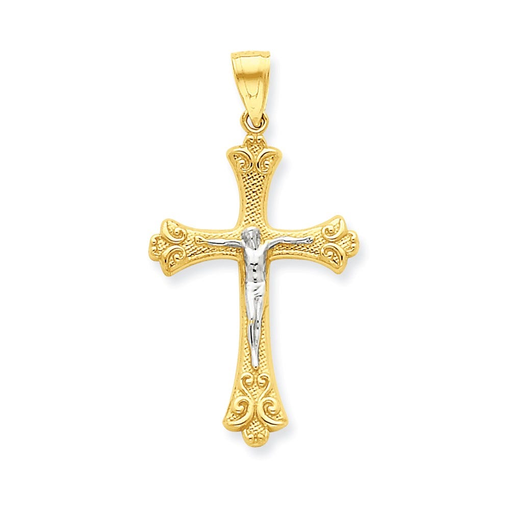 10k & Rhodium Fleur de Lis Crucifix Pendant