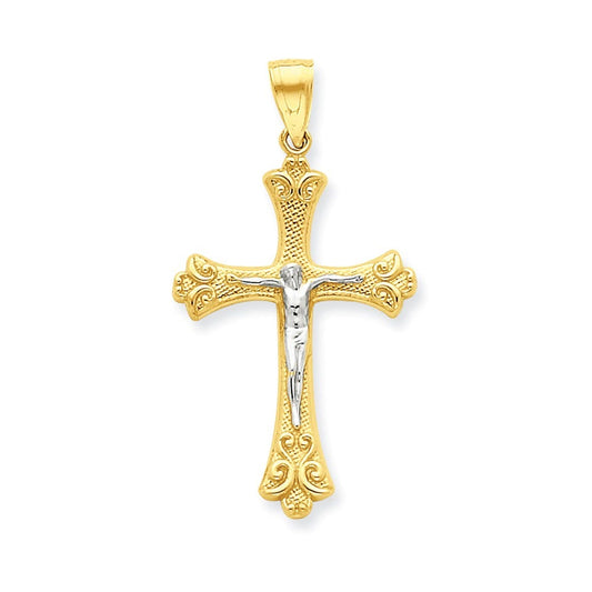 10k & Rhodium Fleur de Lis Crucifix Pendant