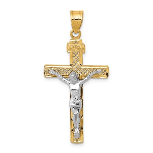 14K Two-tone D/C Large Block Lattice Cross w/Crucifix Pendant