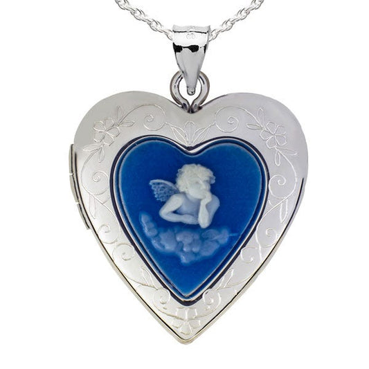 Sterling Silver Blue Angel Cameo Heart Photo Locket