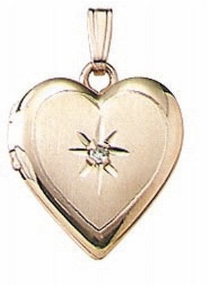 Solid 14K Yellow Gold Small Heart Photo Locket with Diamond
