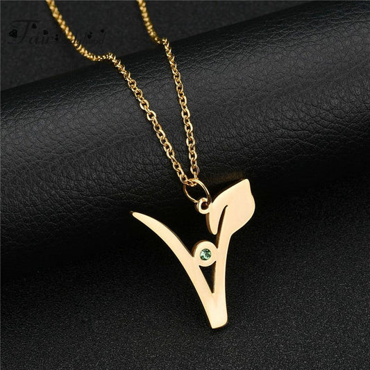 "V" Vegan Necklace with Emerald & 18 Inch Chain