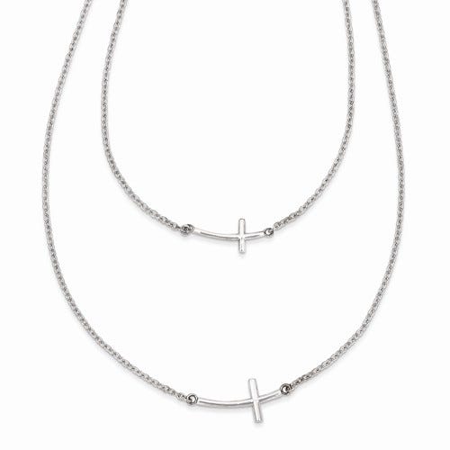 Sterling Silver Small and Large Sideways Curved Cross 2-Layer Necklace