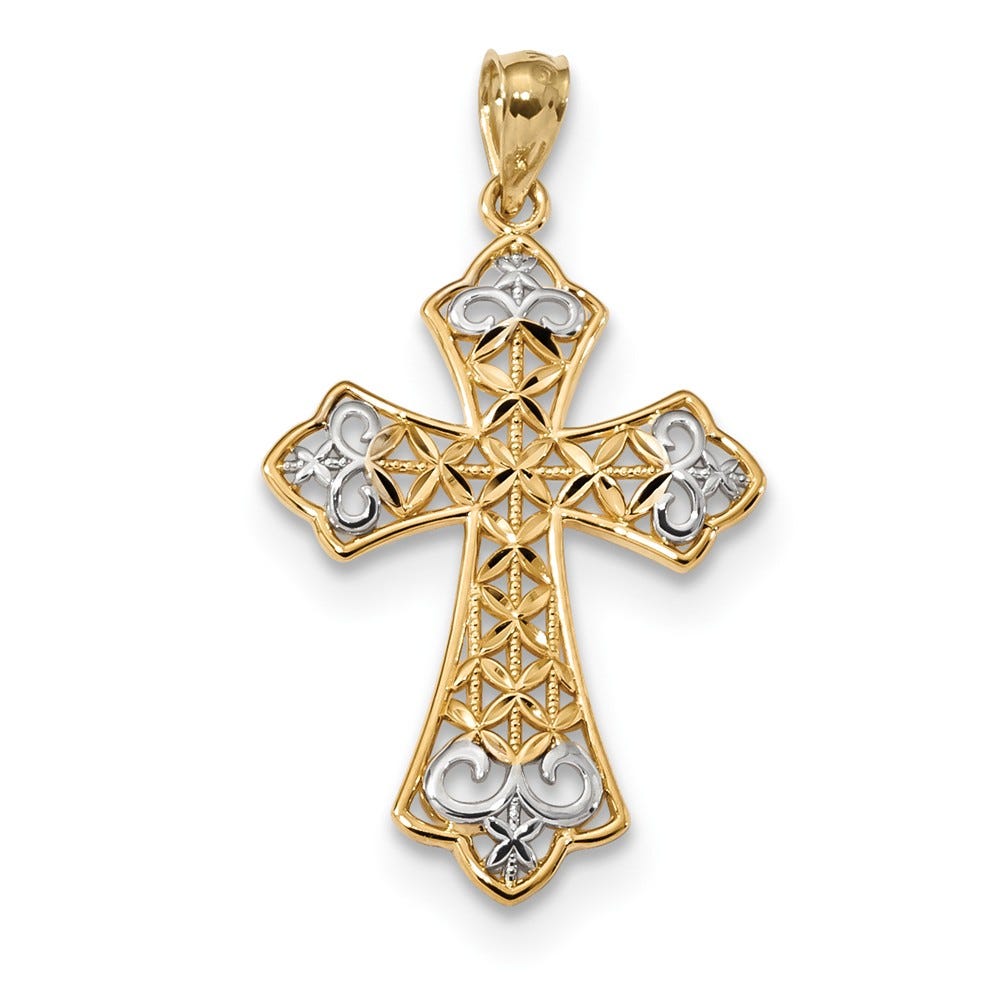 14k w/Rhodium Polished D/C Filigree Cross Pendant
