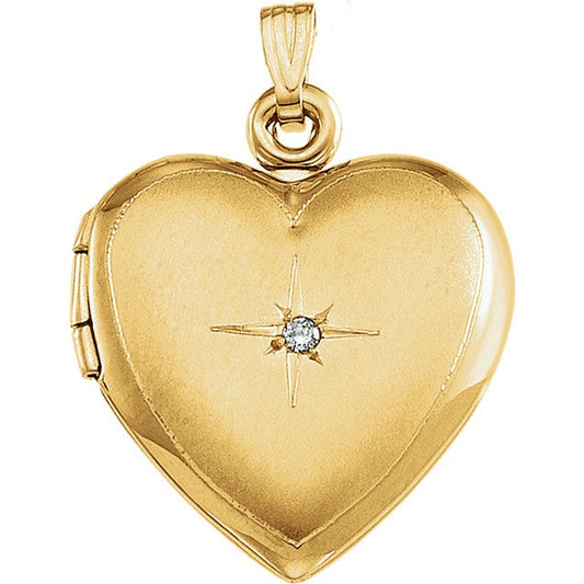 Solid 14K Yellow Gold Heart Photo Locket with Diamond