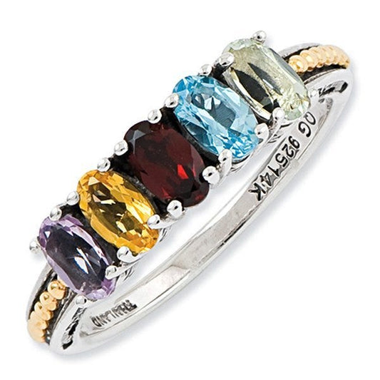 Sterling Silver & 14k Gold Antiqued Mother's Ring w/ Five Birthstones