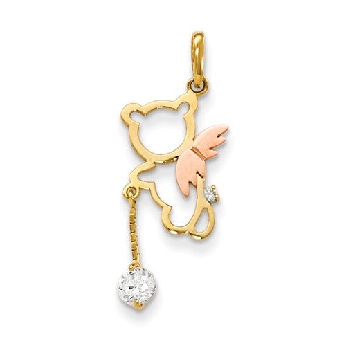 14k Yellow and Rose Gold CZ Children's Angel Bear Pendant