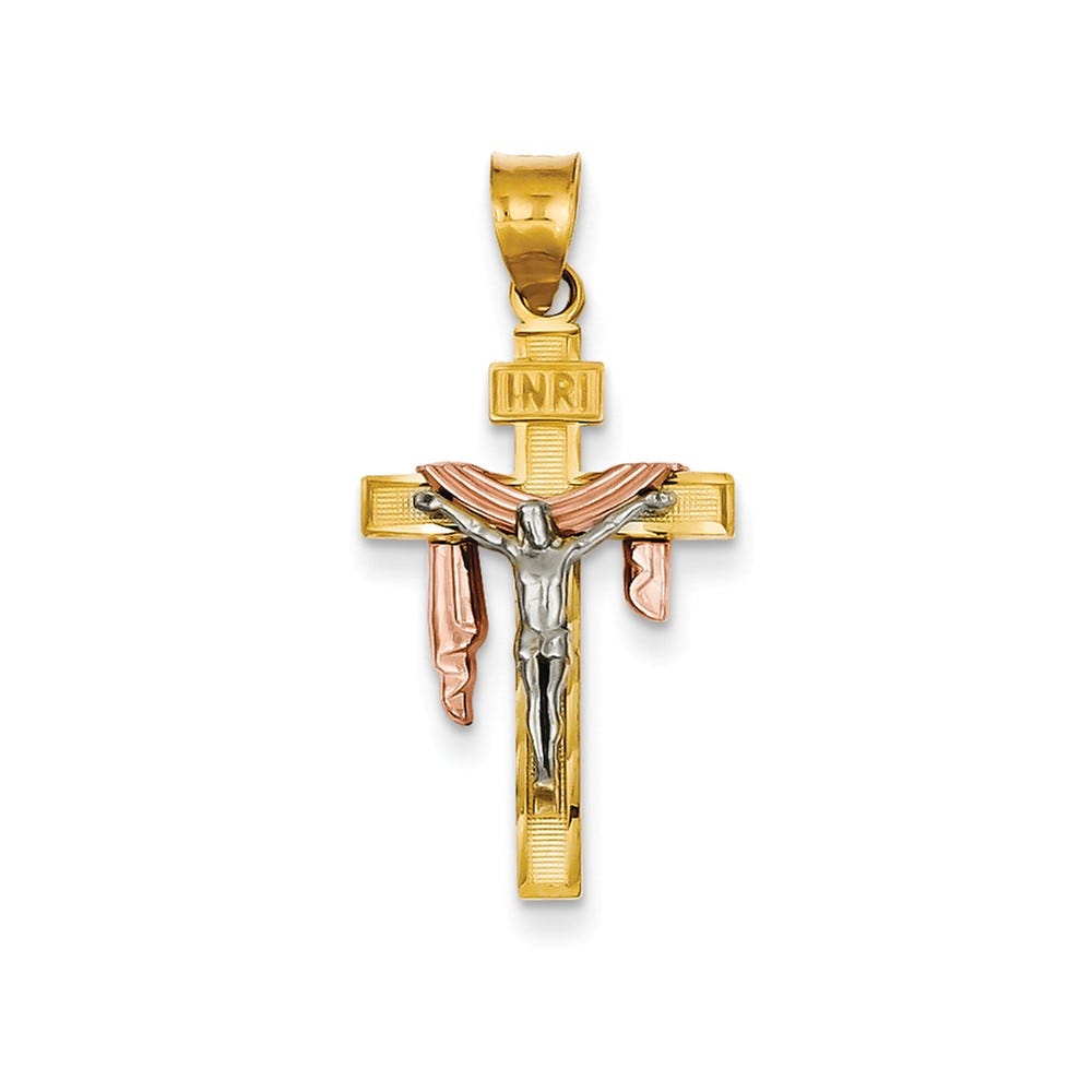 14K Tri-color Diamond-cut Large Draped INRI Crucifix Pendant