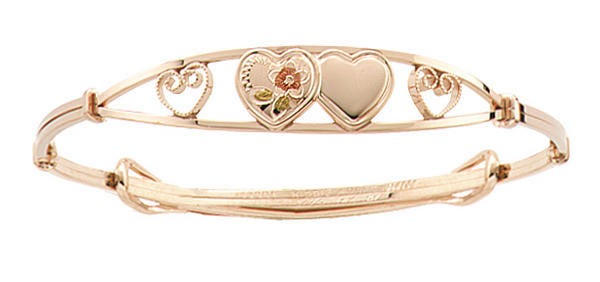 14K Yellow Gold Children's Adjustable Tri-Color Hearts Bangle Bracelet