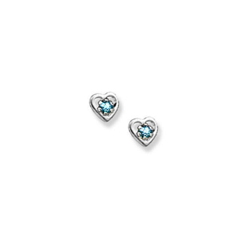 14K  White Gold Child's Genuine Aquamarine "Heart" Birthstone Earrings