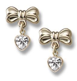 14K Yellow Gold Children's "Bow" CZ Heart Dangle Earrings.