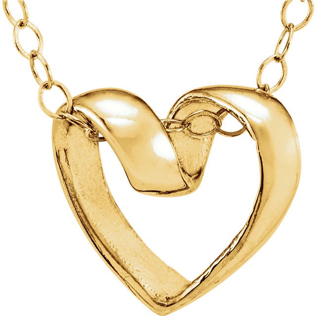 14K Yellow Ribbon Heart Pendant w/ 15" Necklace