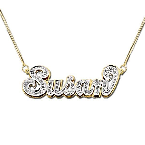 14K Yellow Gold Diamond Double Name Necklace with Chain