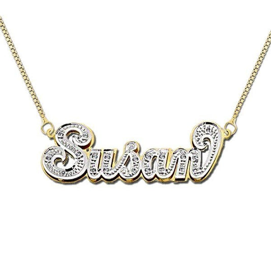 14K Yellow Gold Diamond Double Name Necklace with Chain