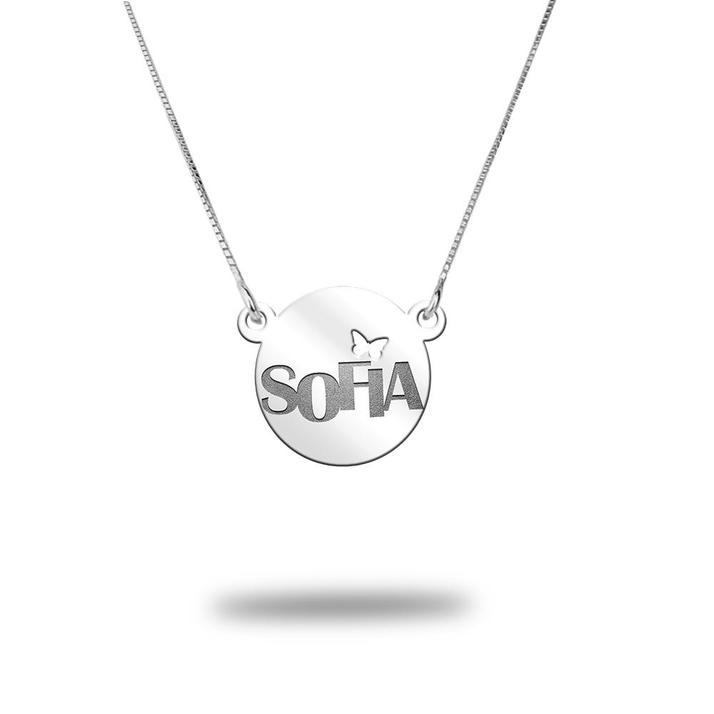 Modern Dianty Round Name Pendant w/ Butterfly Cut-Out