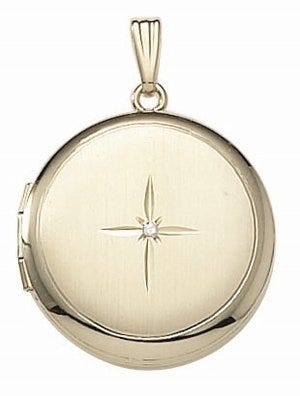 Solid 14k Yellow Gold Round Photo Locket with Diamond