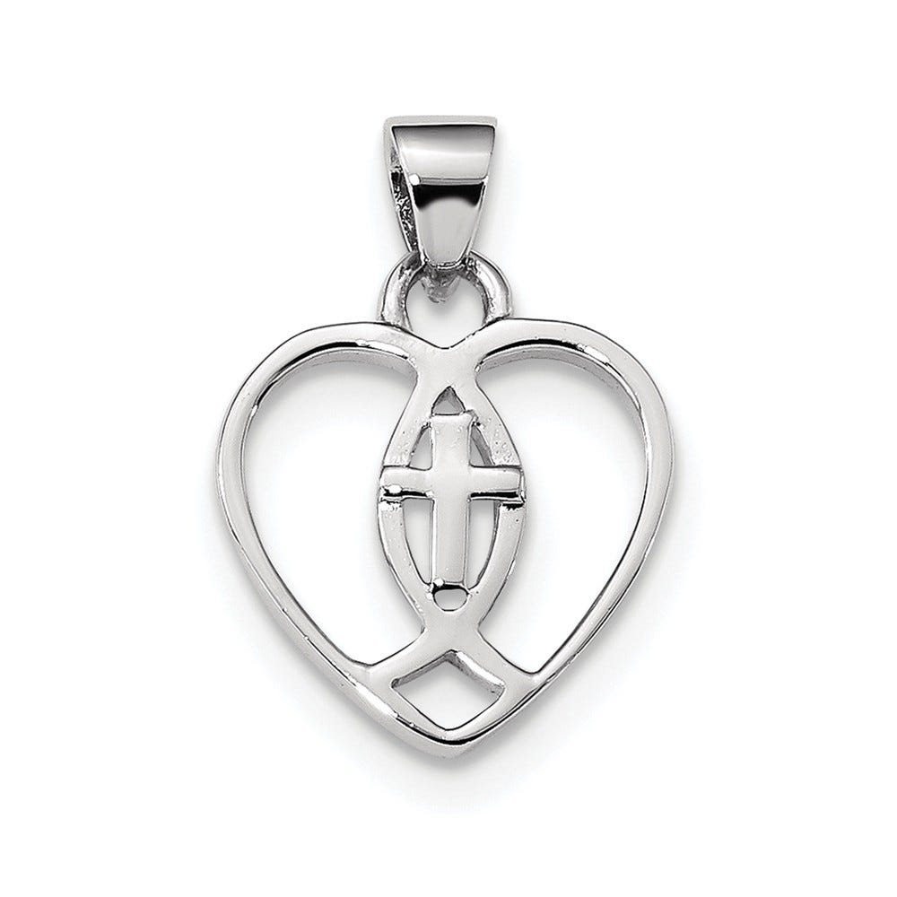 Sterling Silver Rhodium-plated Heart w/Ichthus and Cross Pendant