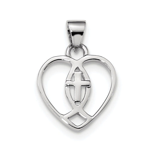 Sterling Silver Rhodium-plated Heart w/Ichthus and Cross Pendant