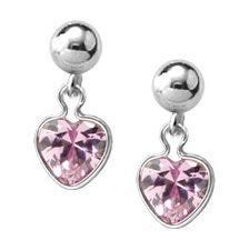 Sterling Silver Children's Heart Drop Earrings w/ Pink Cubic Zirconia