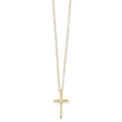 14k Yellow Gold .01 ct Diamond Children's Cross Pendant w/ 15" Chain