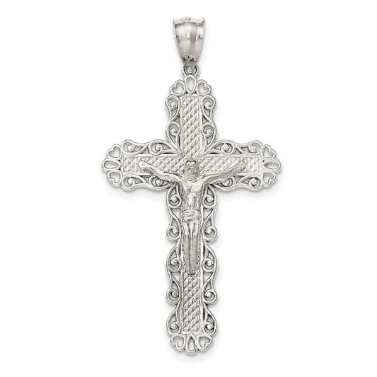 Sterling Silver Polished & Textured Large Floral Cross w/Jesus Pendant